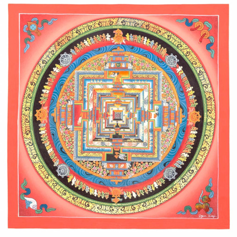Рисованная Тханка Мандала Калачакры без обшивки розовая 28х28см