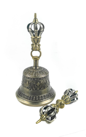 Тибетский колокольчик три металла 9-ти лучевой с ваджром диаметр 9,5см высота 20см